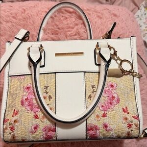 Aldo White Satchel with Pink Floral Embroidery and Gold Hardware